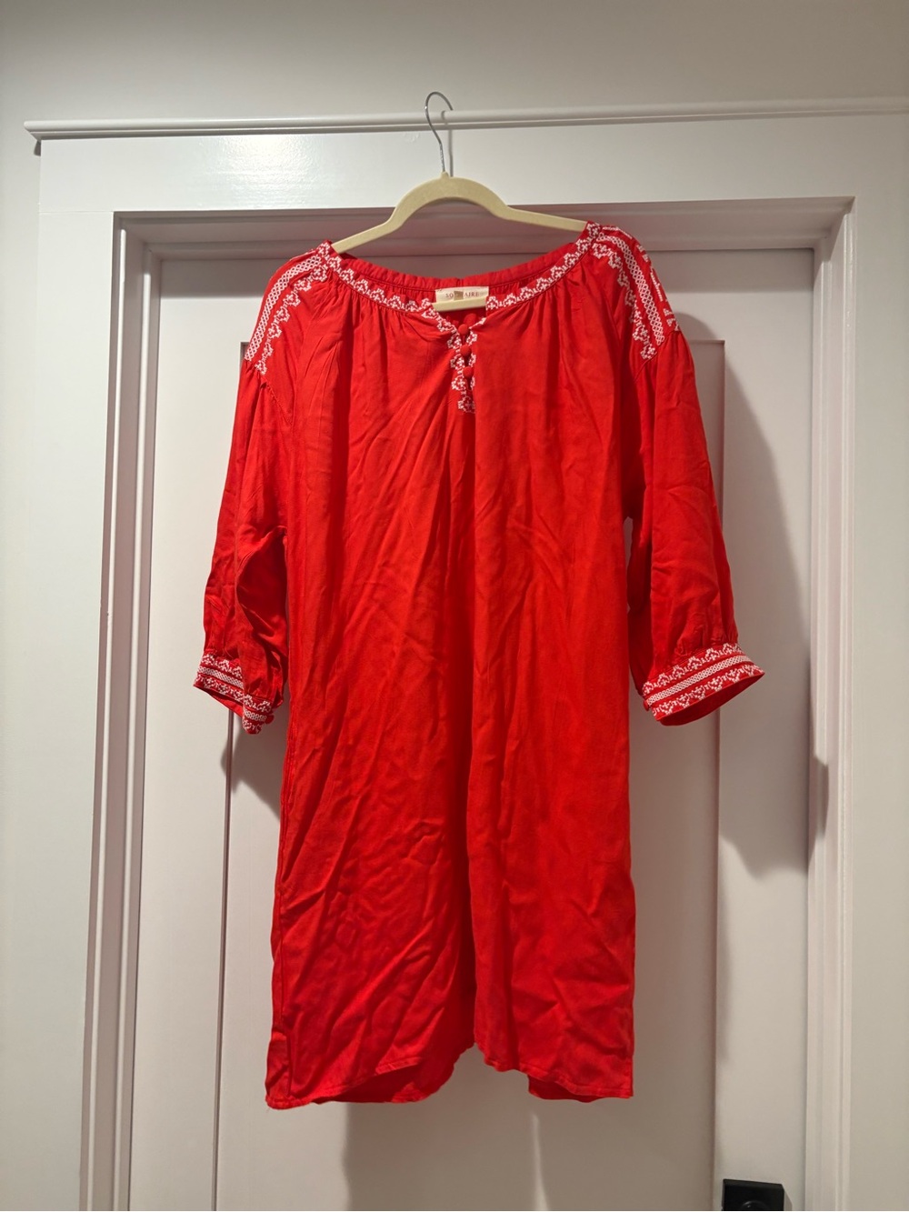 Red Embroidered Peasant Tunic style dress. Size large